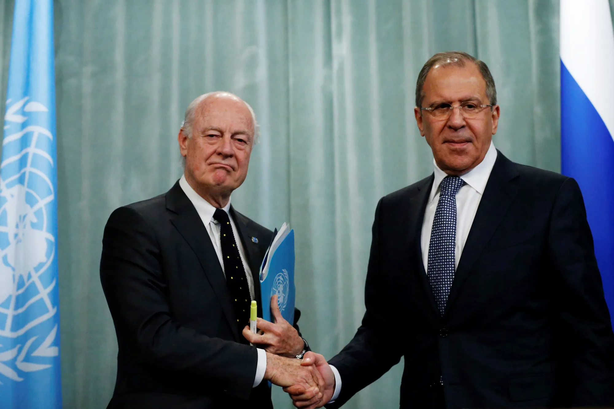 Staffan de Mistura with Sergei Lavrov in Moscow on May 3.
