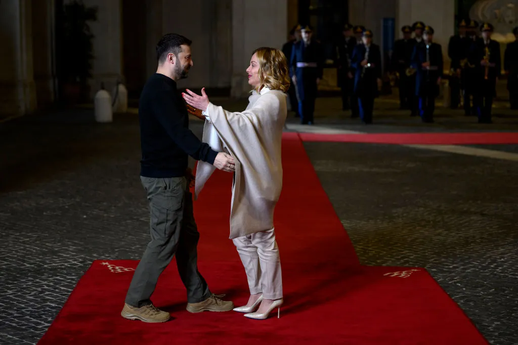 Italian Prime Minister Giorgia Meloni welcomes Ukraine President Volodymyr Zelensky before their meeting in Rome on&nbsp;Jan.&nbsp;9, 2025.