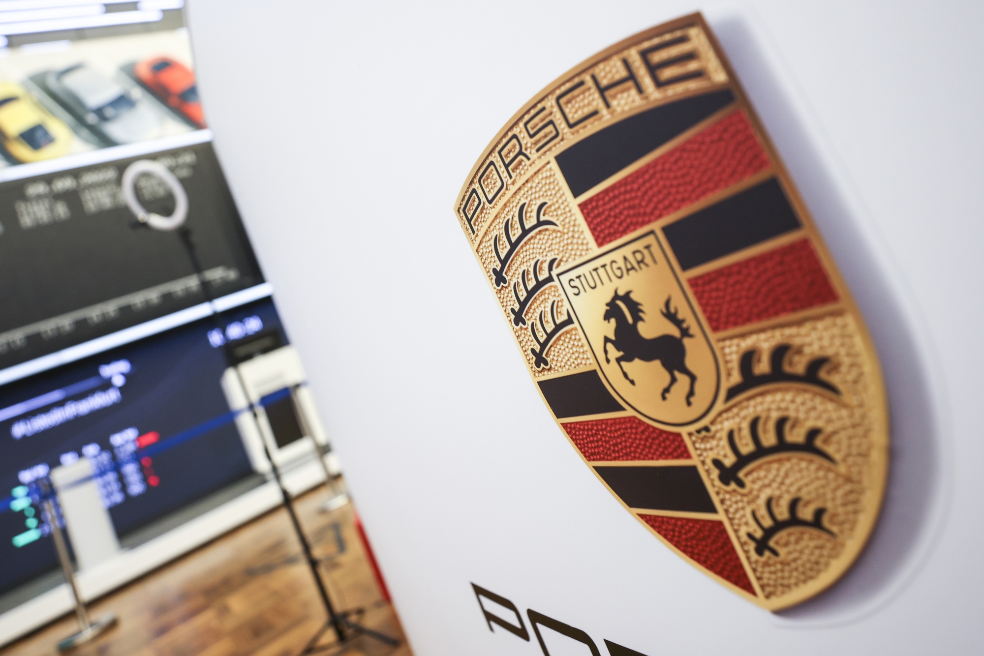Signage for Porsche AG inside the Frankfurt Stock Exchange following the automaker's initial public offering in Frankfurt, Germany, on Sept. 29.