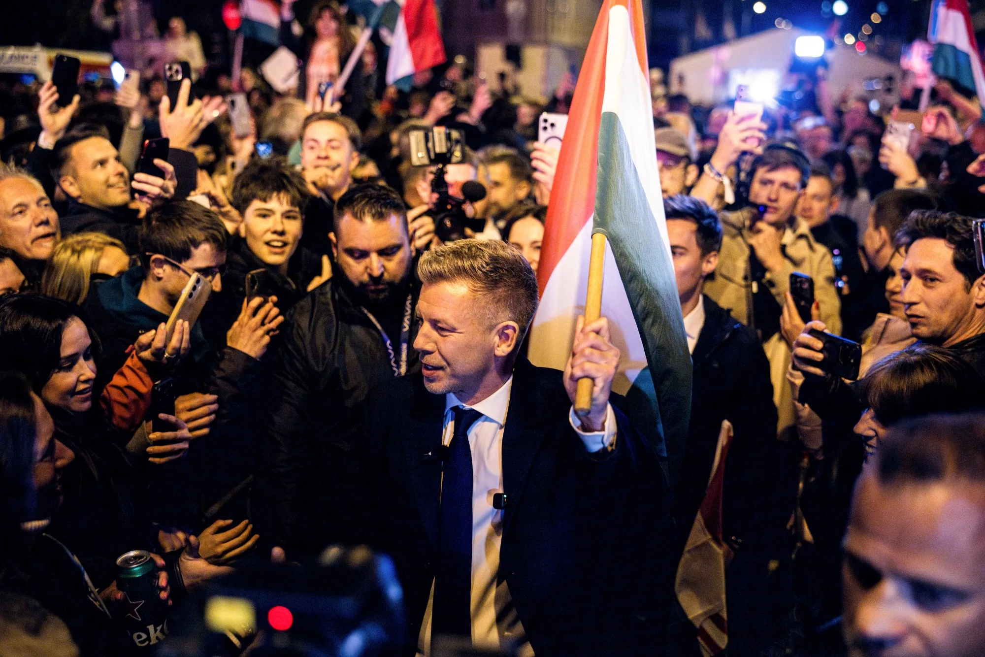 Peter Magyar greets supporters in Budapest, on April 12.