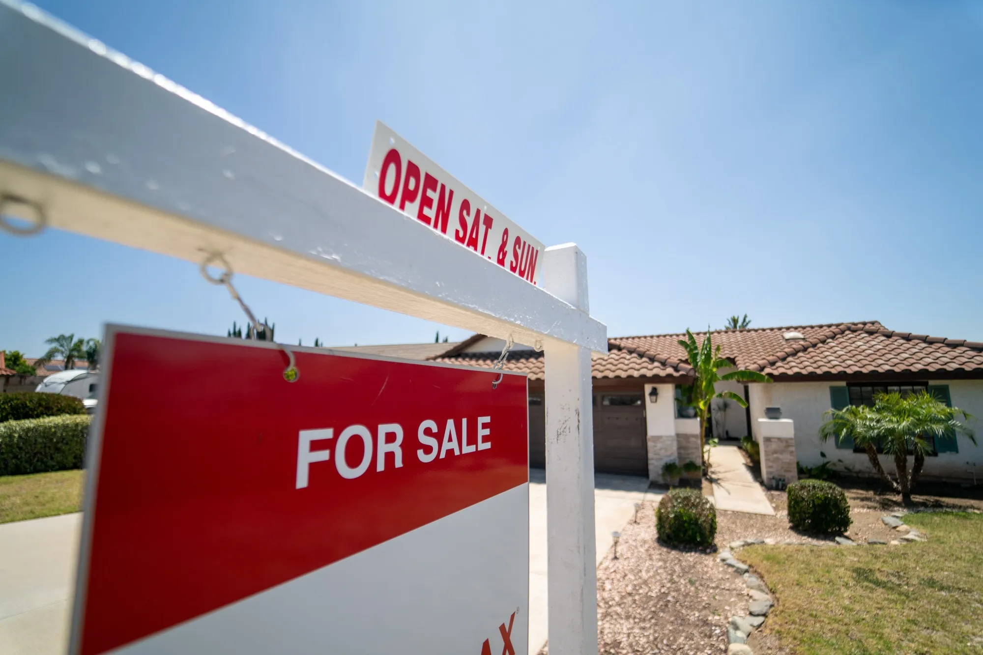 A "For Sale" sign outside a home in Rancho Cucamonga, California.