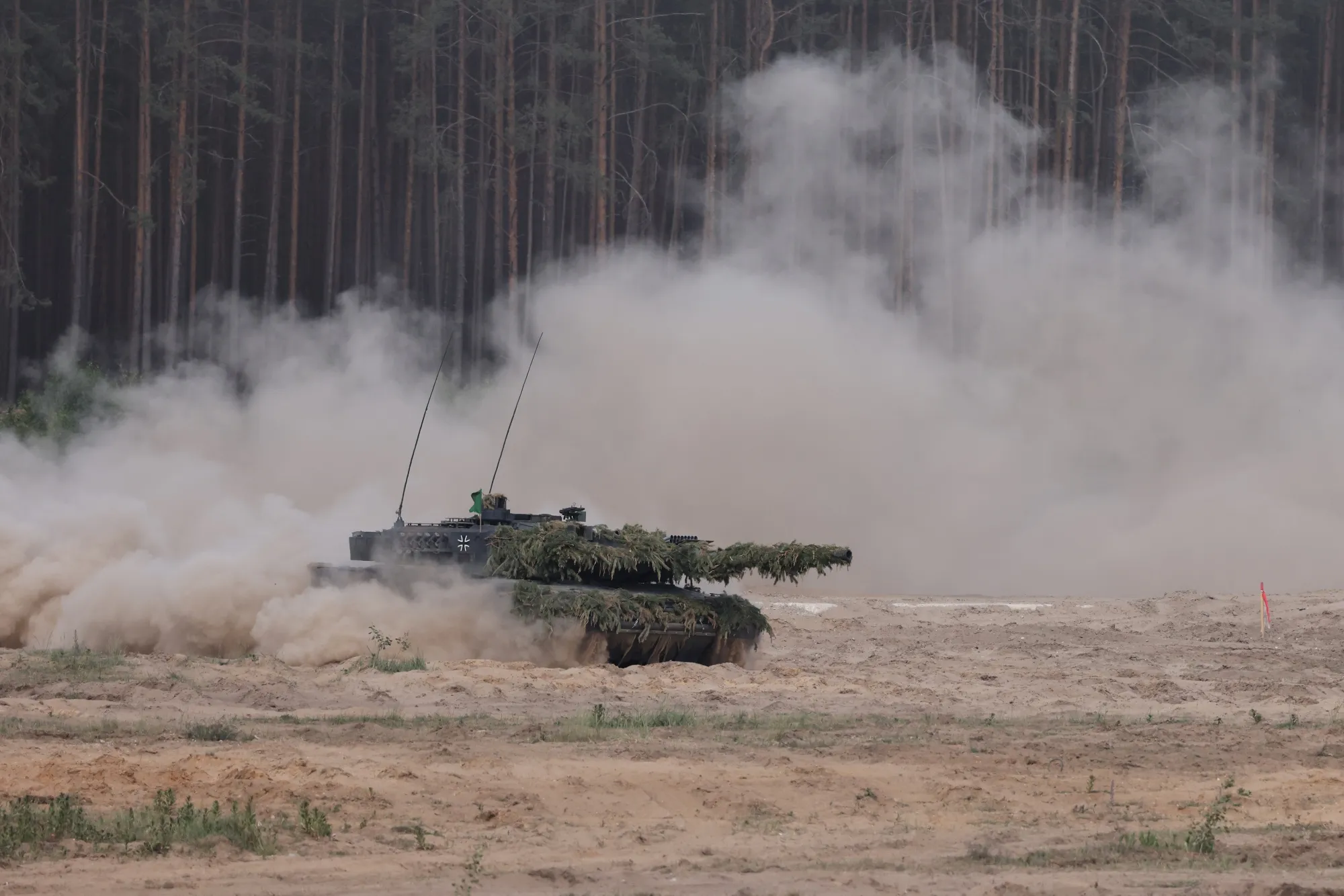 A German Army Leopard 2 battle tank during a NATO military exercise in Pabrade, Lithuania&nbsp;on May 29.