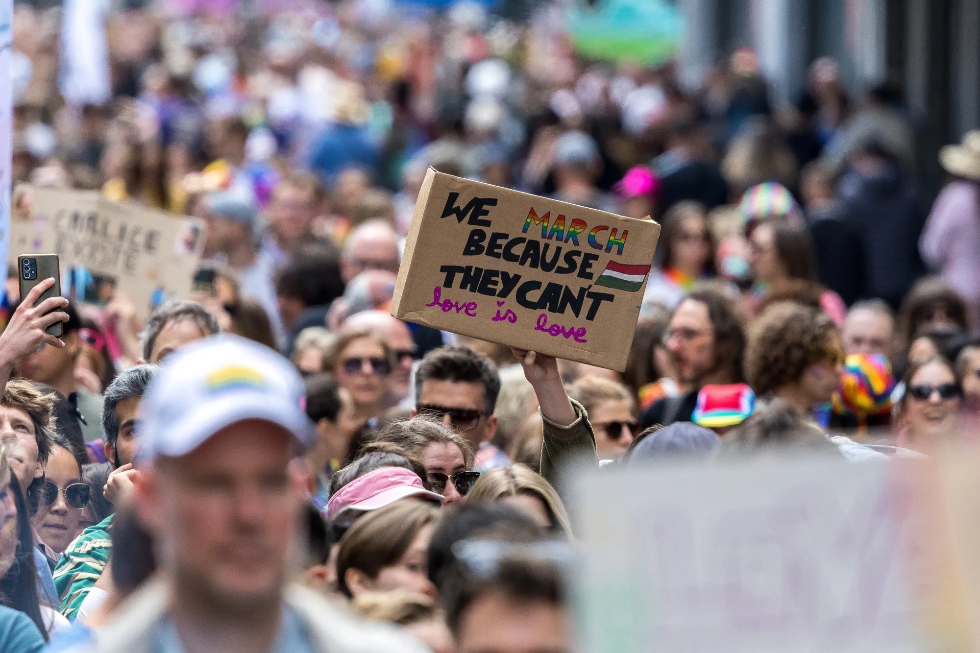 Participants with a banner in reference to Budapest's Pride Parade ban during the Pride Parade&nbsp;in Brussels, on May 17.