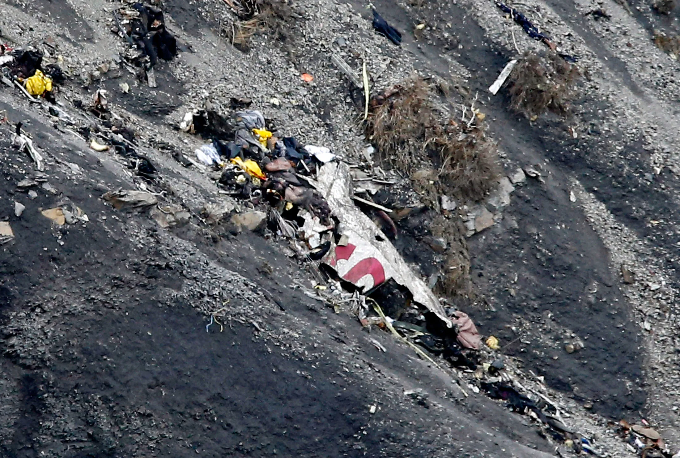 Debris at the Germanwings crash site near the town of Seyne-les-Alpes, in France, on 25 March 2015.
