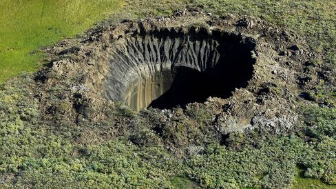 An aerial view of a crater on the Yamal Peninsula in northern Siberia.