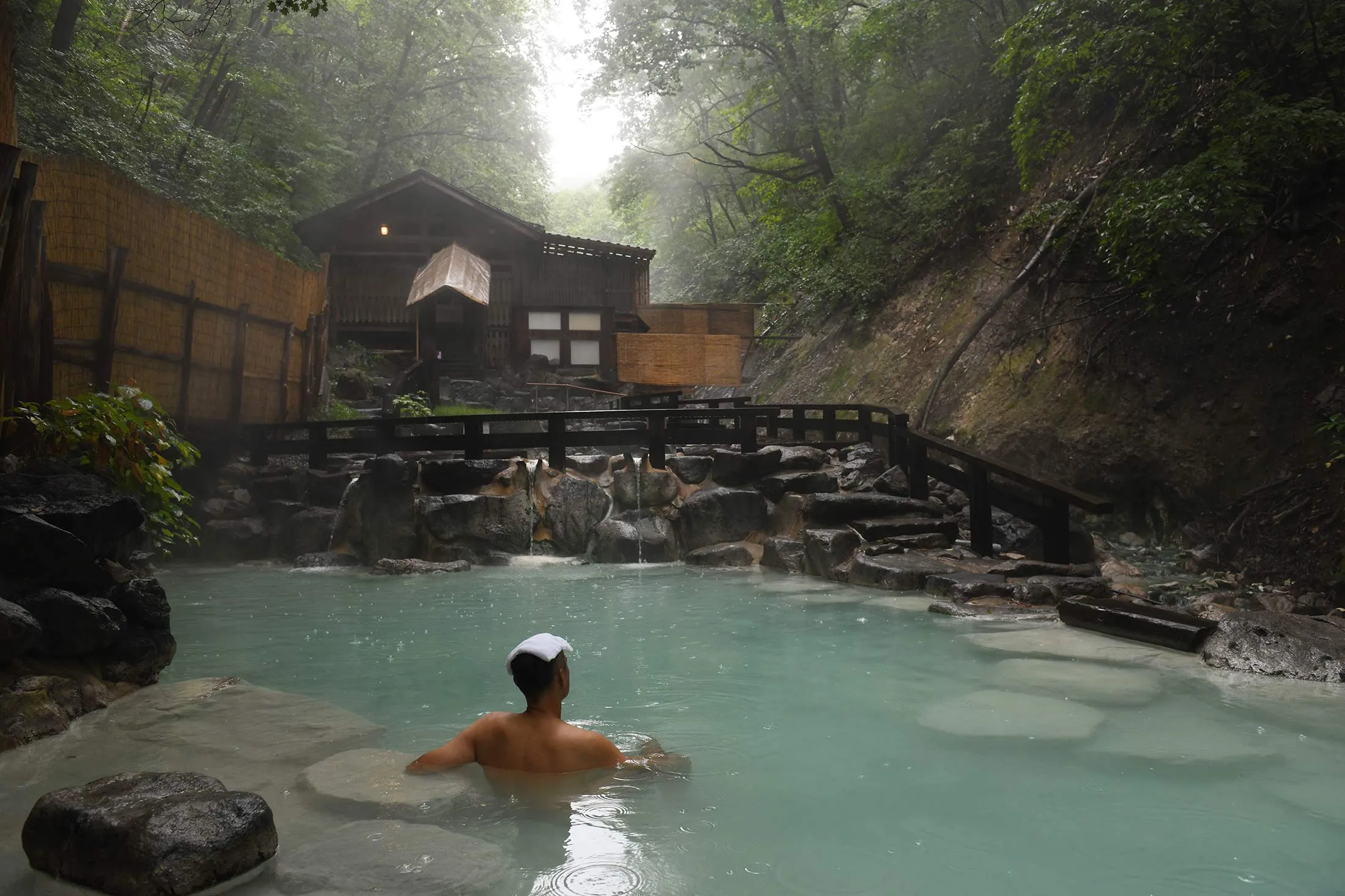 An outdoor bath, fed by an onsen, or hot spring, in Yamagata.