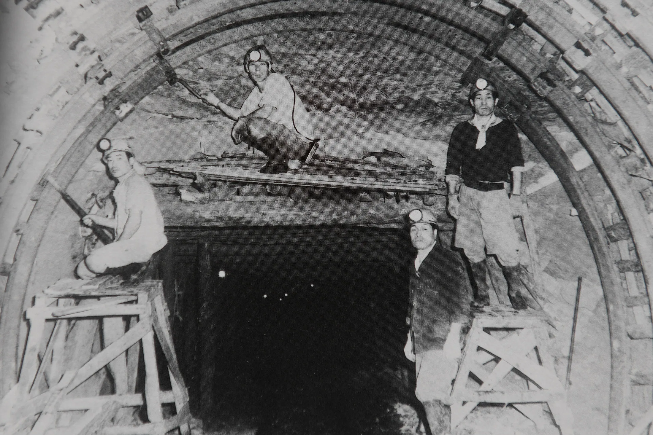 An archive photograph, from the coal and fossil museum in Iwaki City, Fukushima, shows miners at the Joban coal mine in 1962. 
