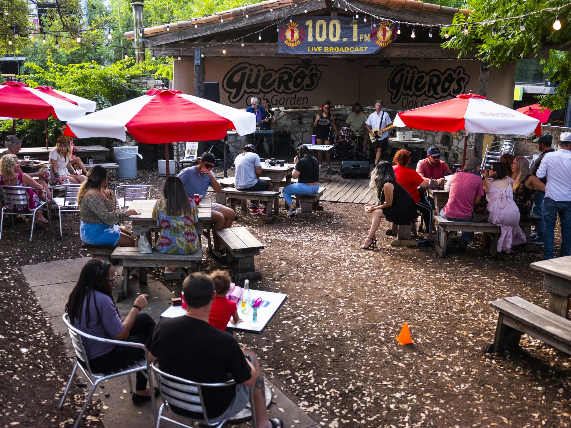 A cone to promote social distancing sits on the floor of a restaurant and bar in Austin, Texas, on May 23, 2020.&nbsp;