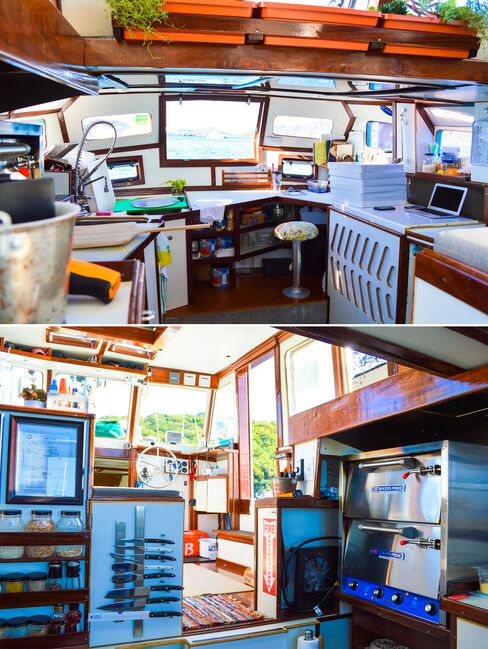 It took the couple two years to transform the vessel from a termite-infested junkyard find to a fully operational “food truck boat.” Every kitchen tool and ingredient is secured in the event of rough seas.