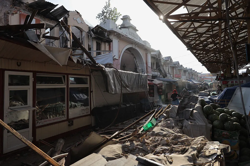 Damage at the&nbsp;Privoz market following a drone attack in Odesa on July 24.
