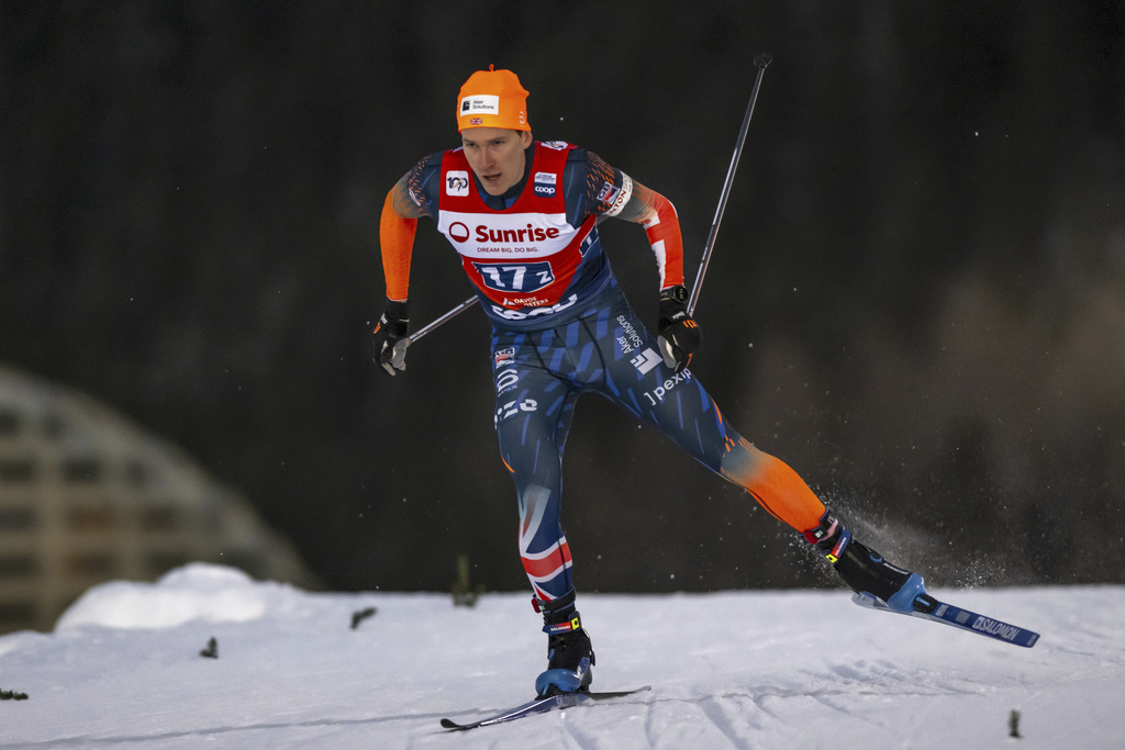 James Clugnet of Great Britain competes during the qualification of the men's team sprint free competition at the Davos Nordic FIS Cross Country World Cup, in Davos, Switzerland, Friday, Dec. 13, 2024. (Jean-Christophe Bott/Keystone via AP) Photographer: Jean-Christophe Bott/Keystone