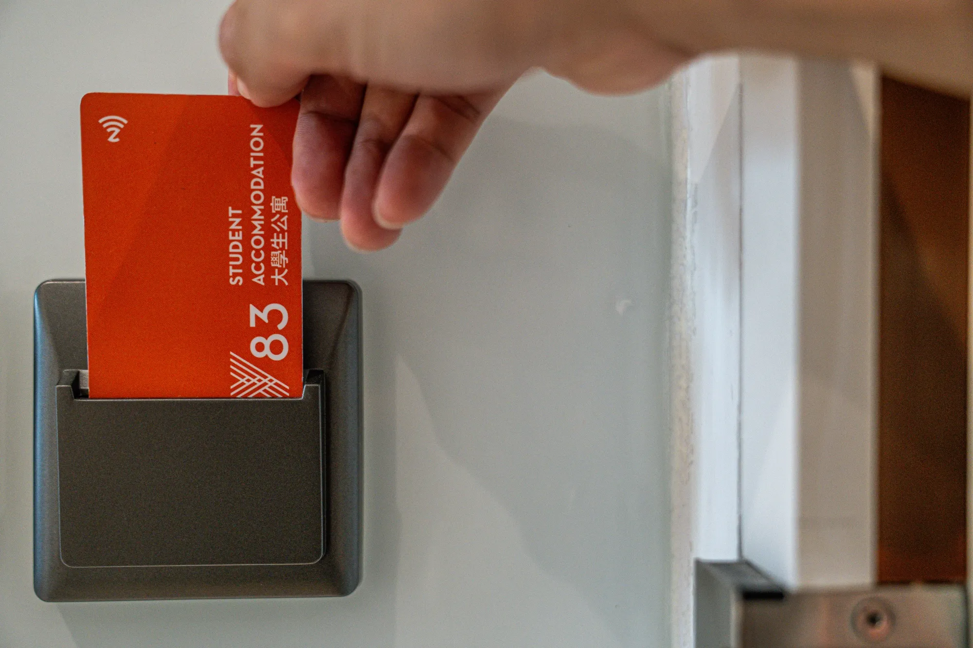 A keycard for the room at hotel turned student housing Y83 in Hong Kong.