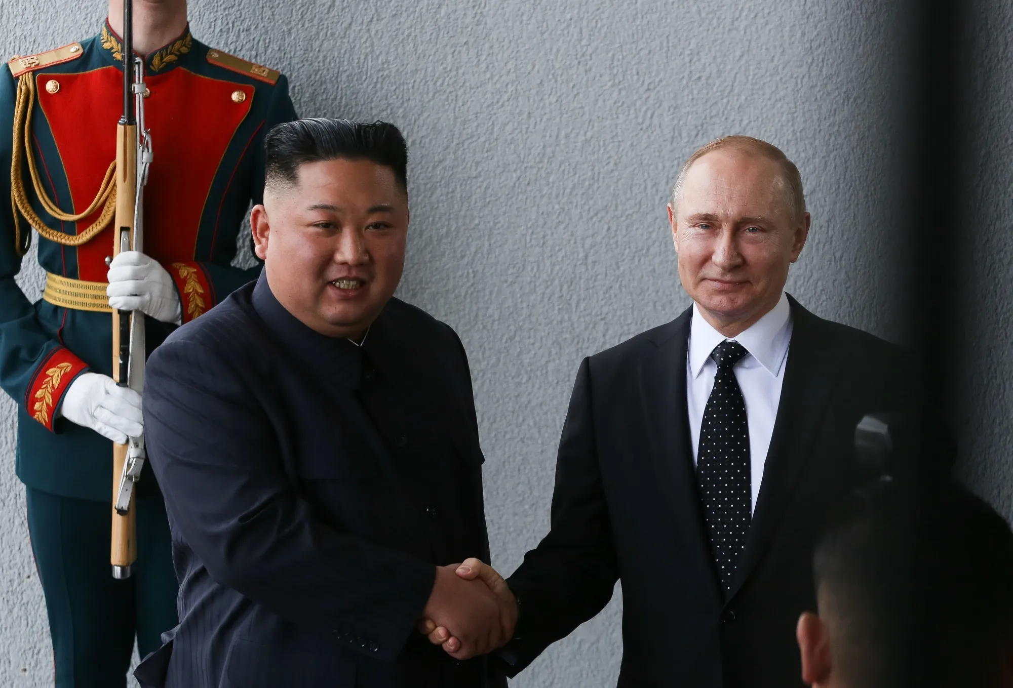 Kim Jong Un, North Korea’s leader, left, shakes hands with Vladimir Putin, Russia’s president, ahead of a summit near Vladivostok, Russia, in 2019. 