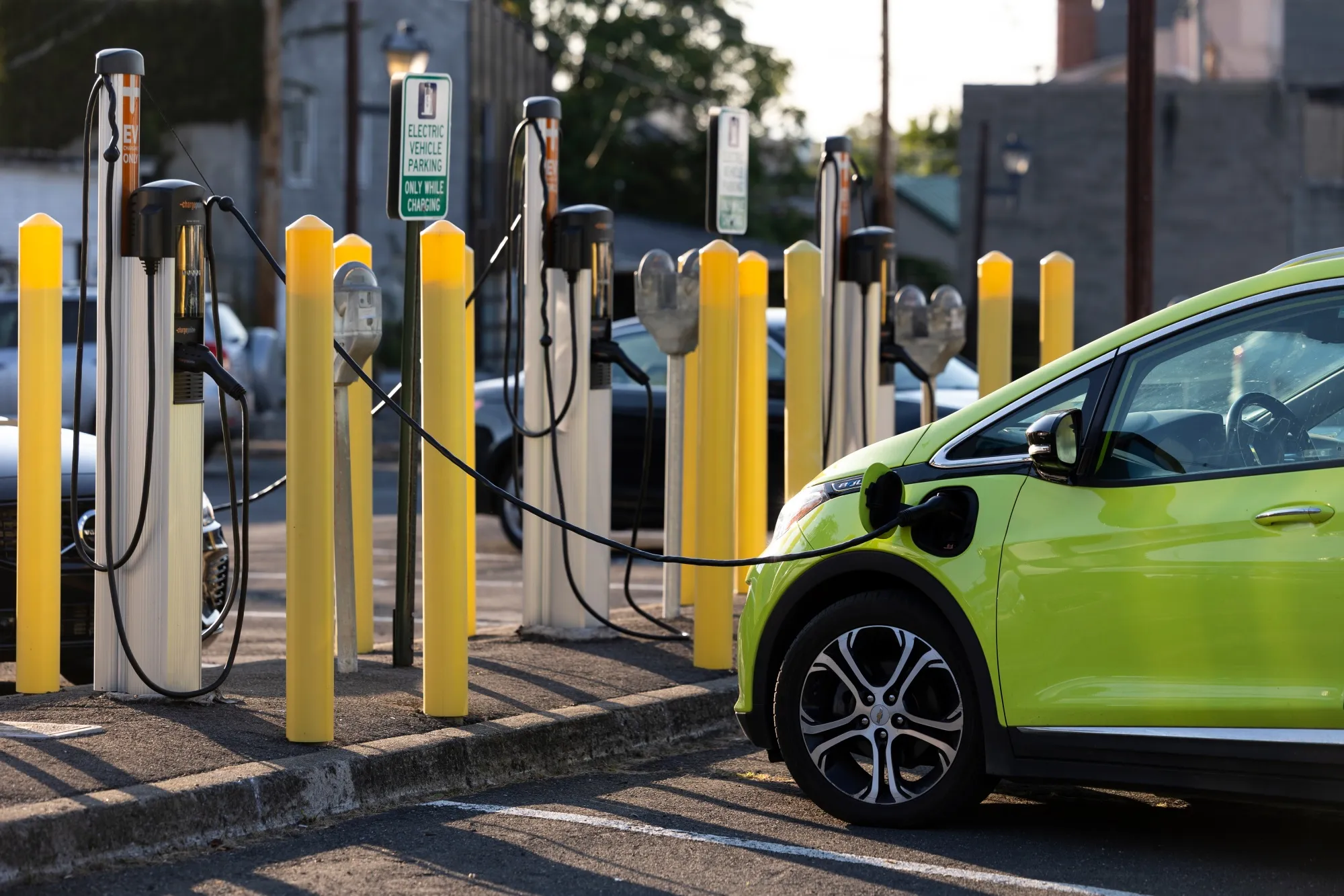 A Chevrolet Bolt charges at an EV charging station in Hudson, New York.