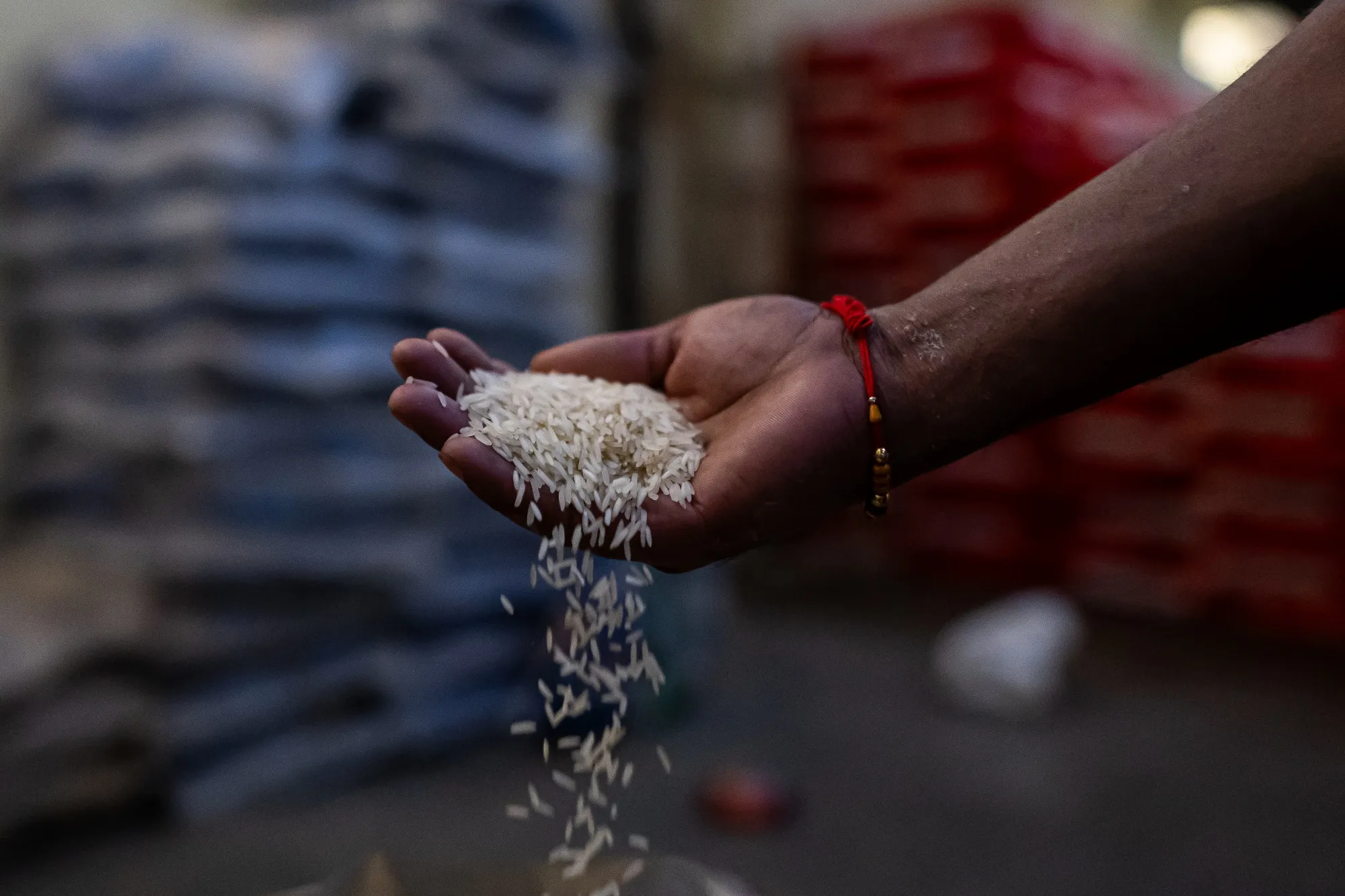 White rice in a godown in Gurgaon, India.