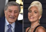 In this combination photo, Tony Bennett, left, arrives at the 61st annual Grammy Awards on Feb. 10, 2019, in Los Angeles and Lady Gaga arrives at the Vanity Fair Oscar Party on Feb. 24, 2019, in Beverly Hills, Calif.  Bennett, with 18 Grammy wins under his belt, is nominated with Lady Gaga for record of the year for their version of “I Get a Kick Out of You.” (AP Photo)