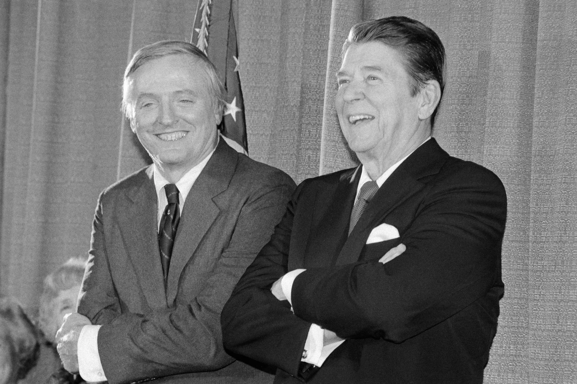 Ronald&nbsp;Reagan and William F. Buckley Jr.&nbsp;share a joke in 1983.