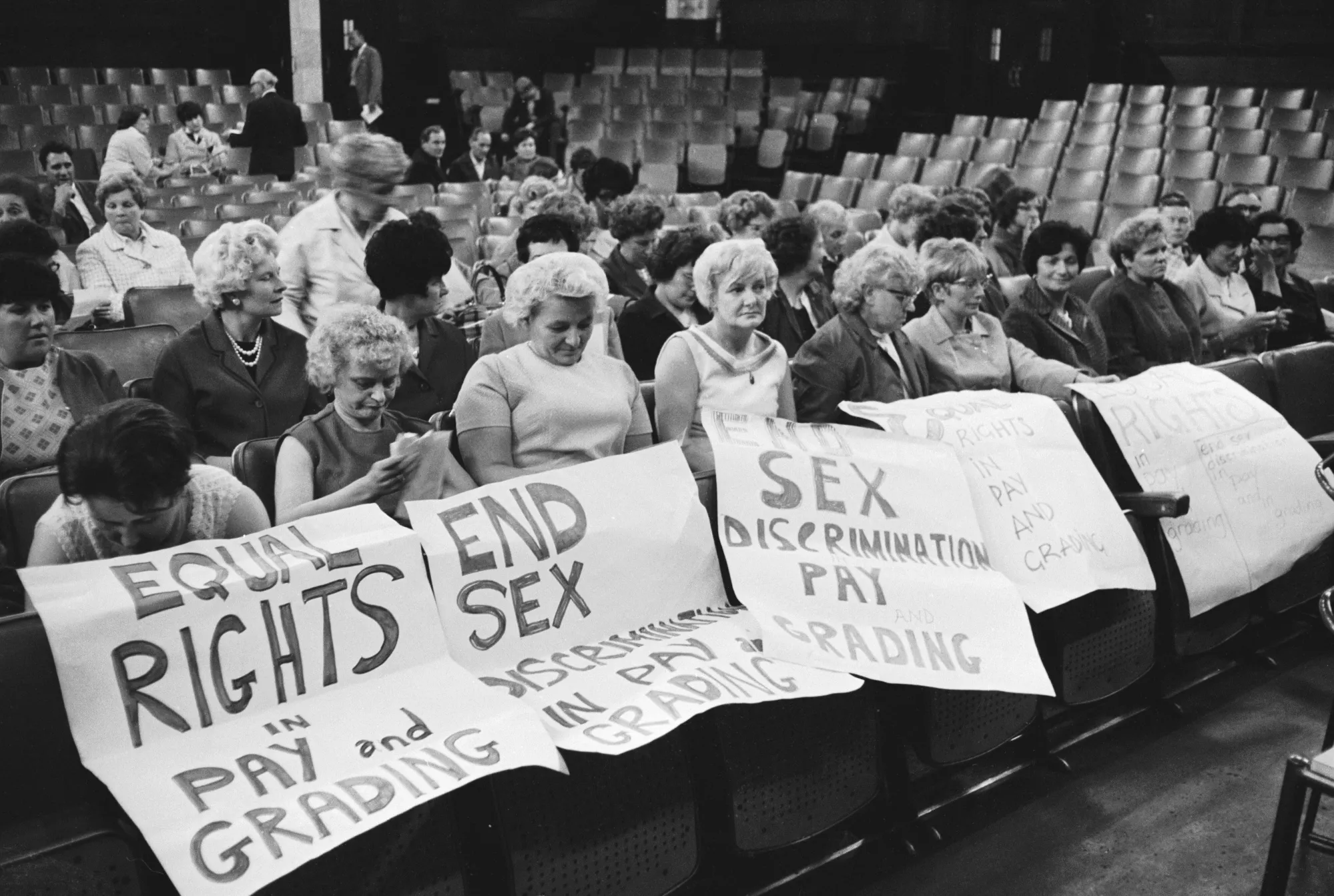 Striking machinists from the Ford plant in Dagenham attend a women's conference on equal rights in London, June 28, 1968