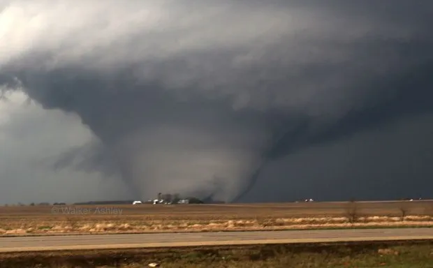 A large tornado moves through Rochelle, Illinois, earlier this month.