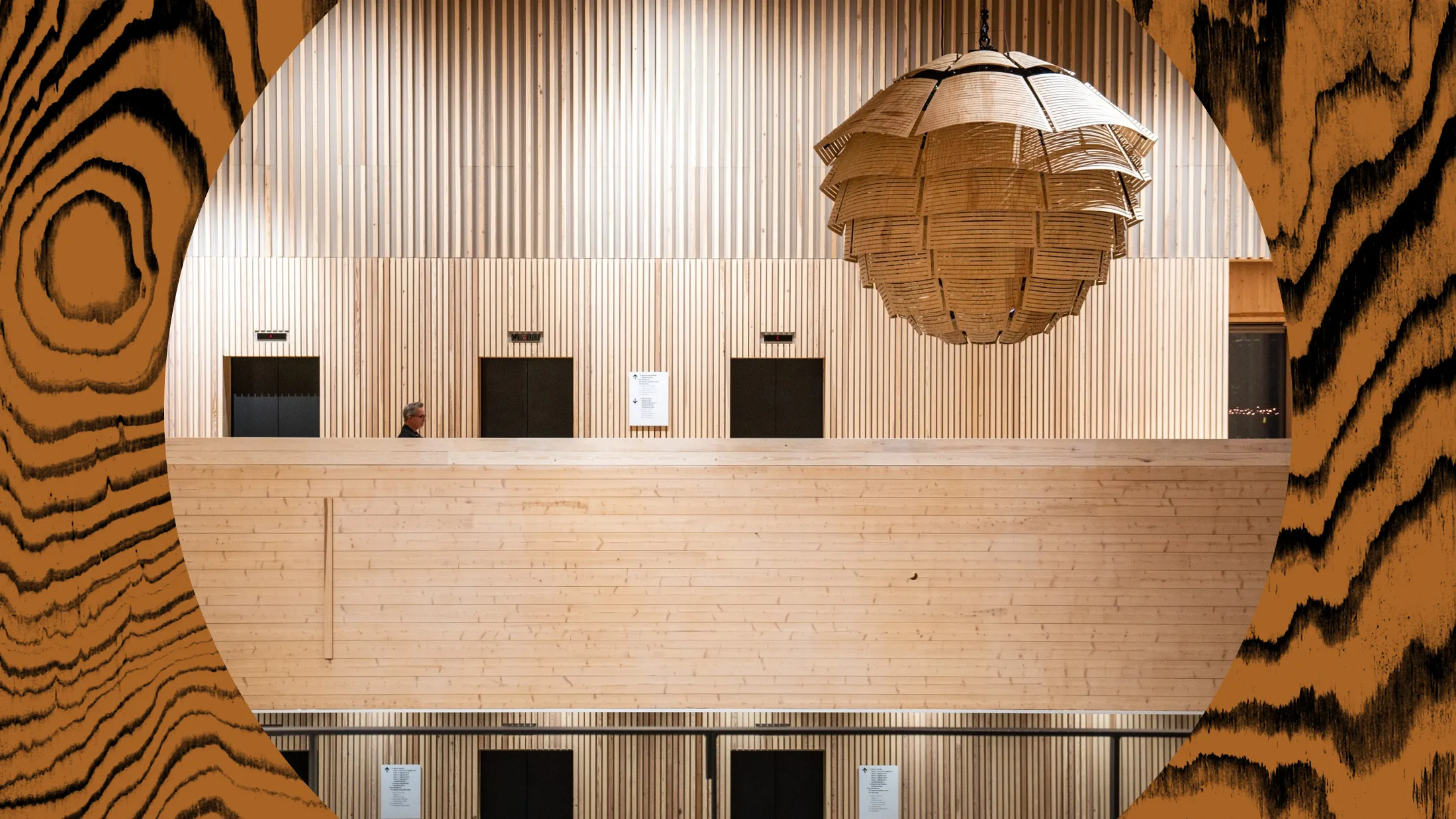 The lobby of the Sara Cultural Center, a 20-story timber high-rise, in the center of Skelleftea, Sweden, in December 2022.