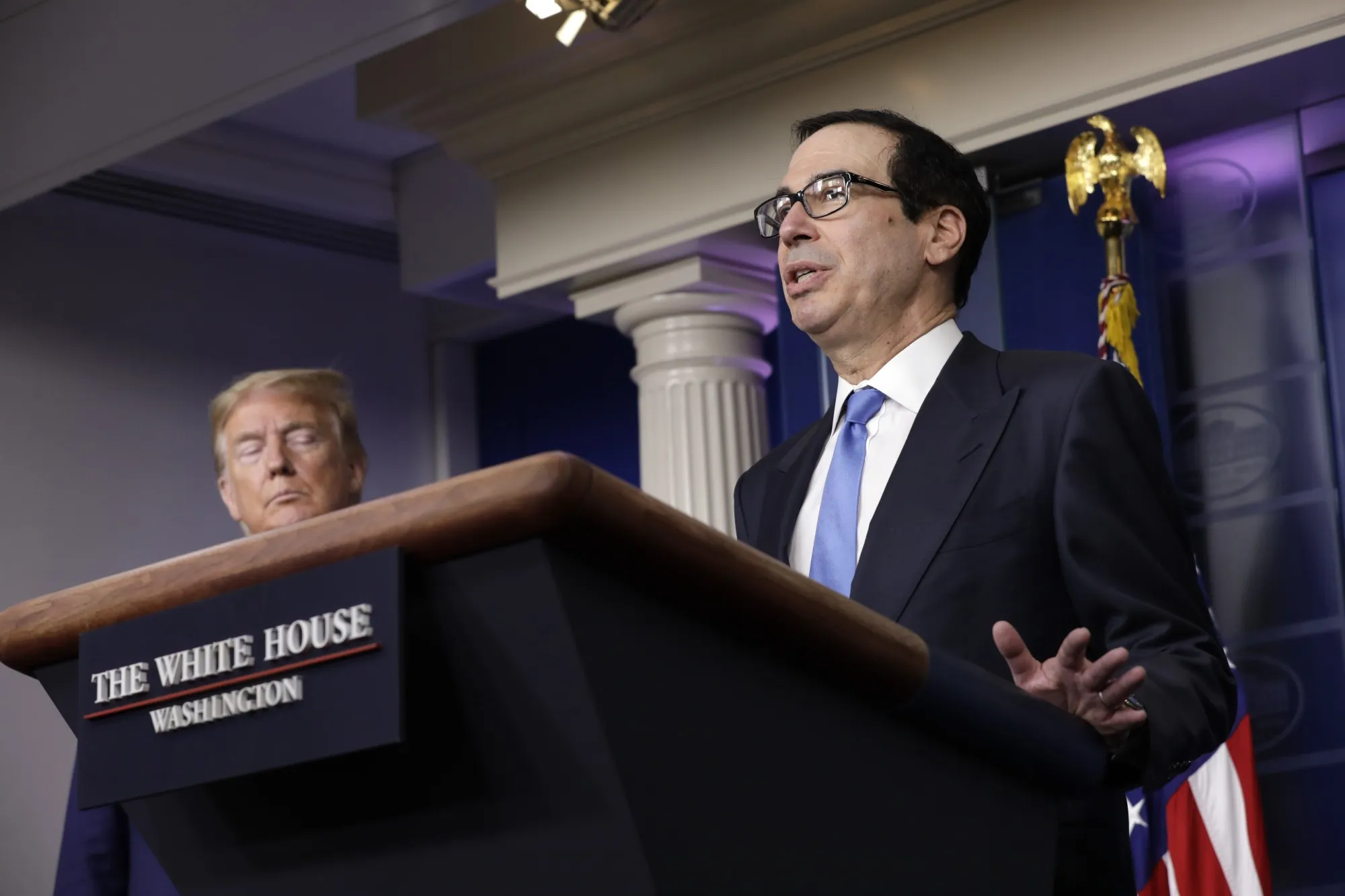 Steven Mnuchin speaks during a news conference at the White House, April 21.