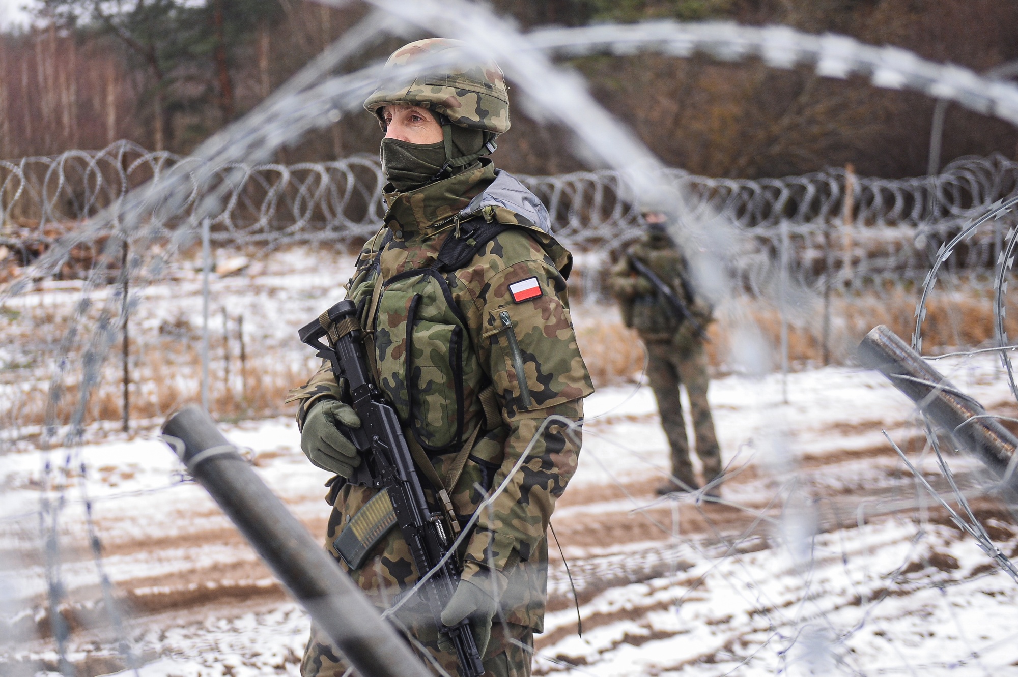 Polish soldiers on patrol on the Poland Belarus border.