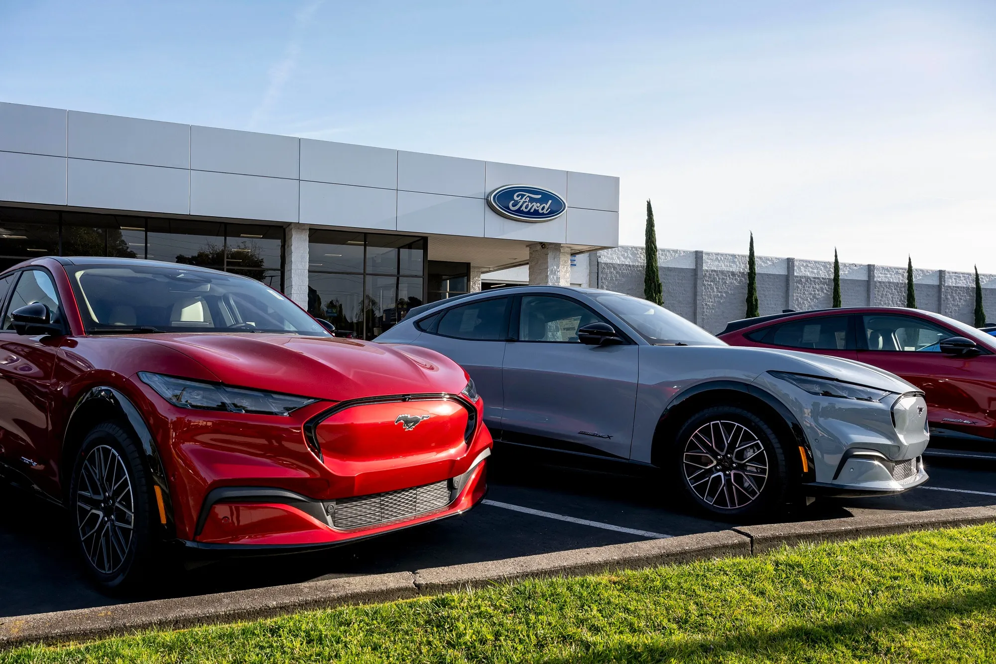 Ford EV vehicles at a Ford dealership in Richmond, California.