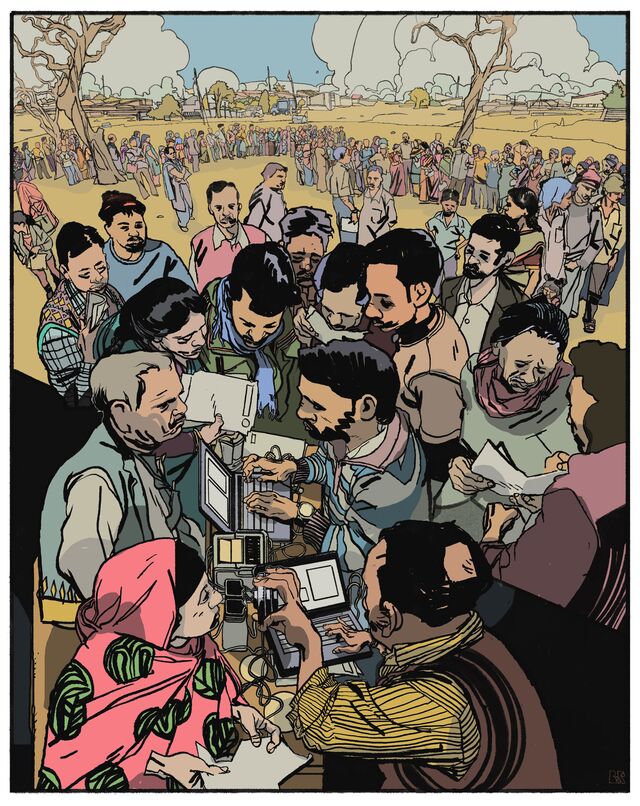 People line up at kiosks to enroll in the Aadhaar system.