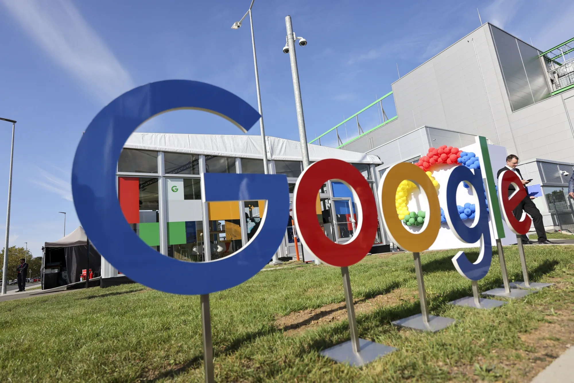 A Google logo outside the Google Cloud data center ahead of its ceremonial opening in Hanau, Germany. The company, along with Microsoft, is working on a new power trading scheme that could help reduce its carbon emissions.