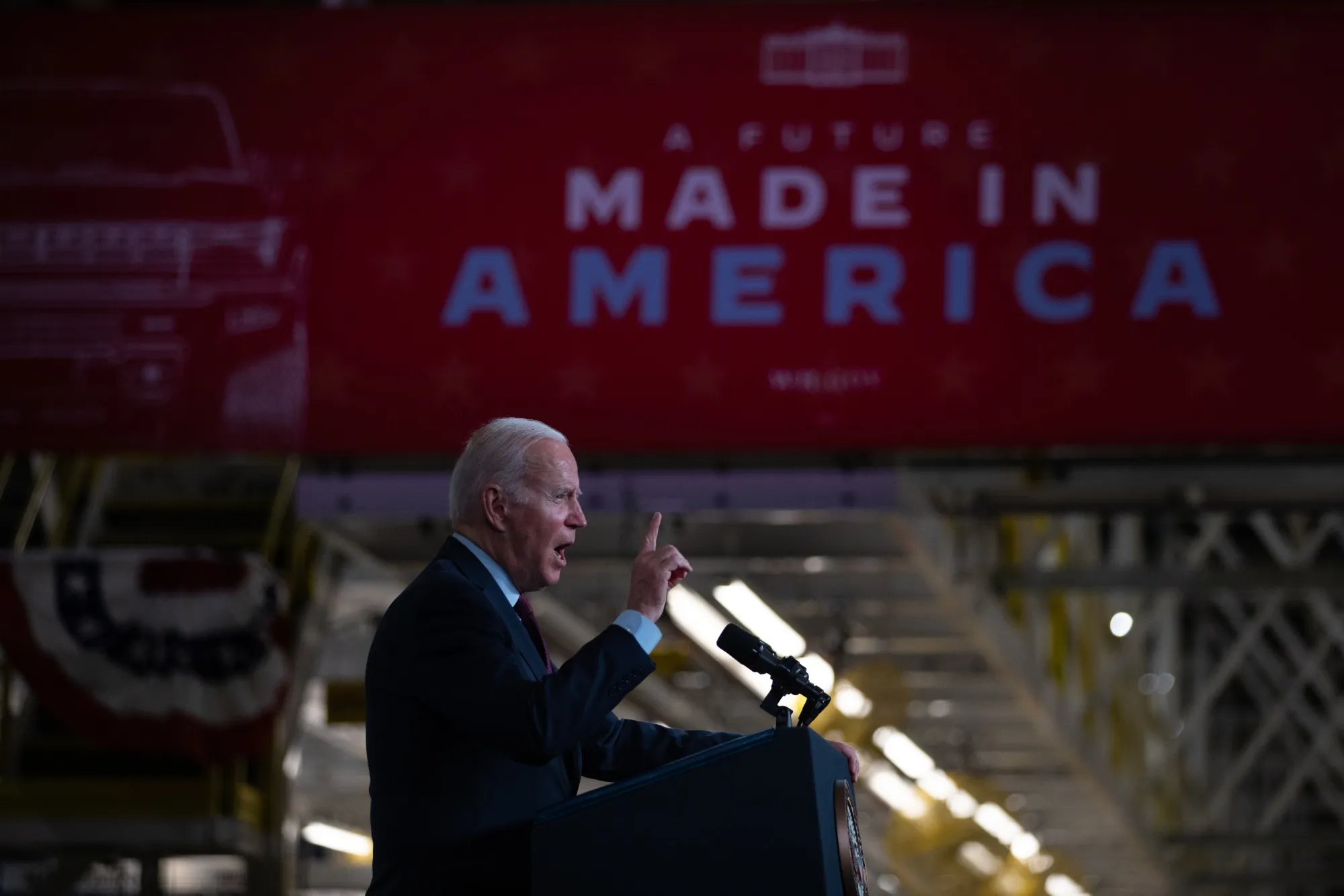 U.S. President Joe Biden speaks during a visit to General Motors' Factory ZERO all-electric vehicle assembly plant in Detroit, Michigan on Wednesday.&nbsp;