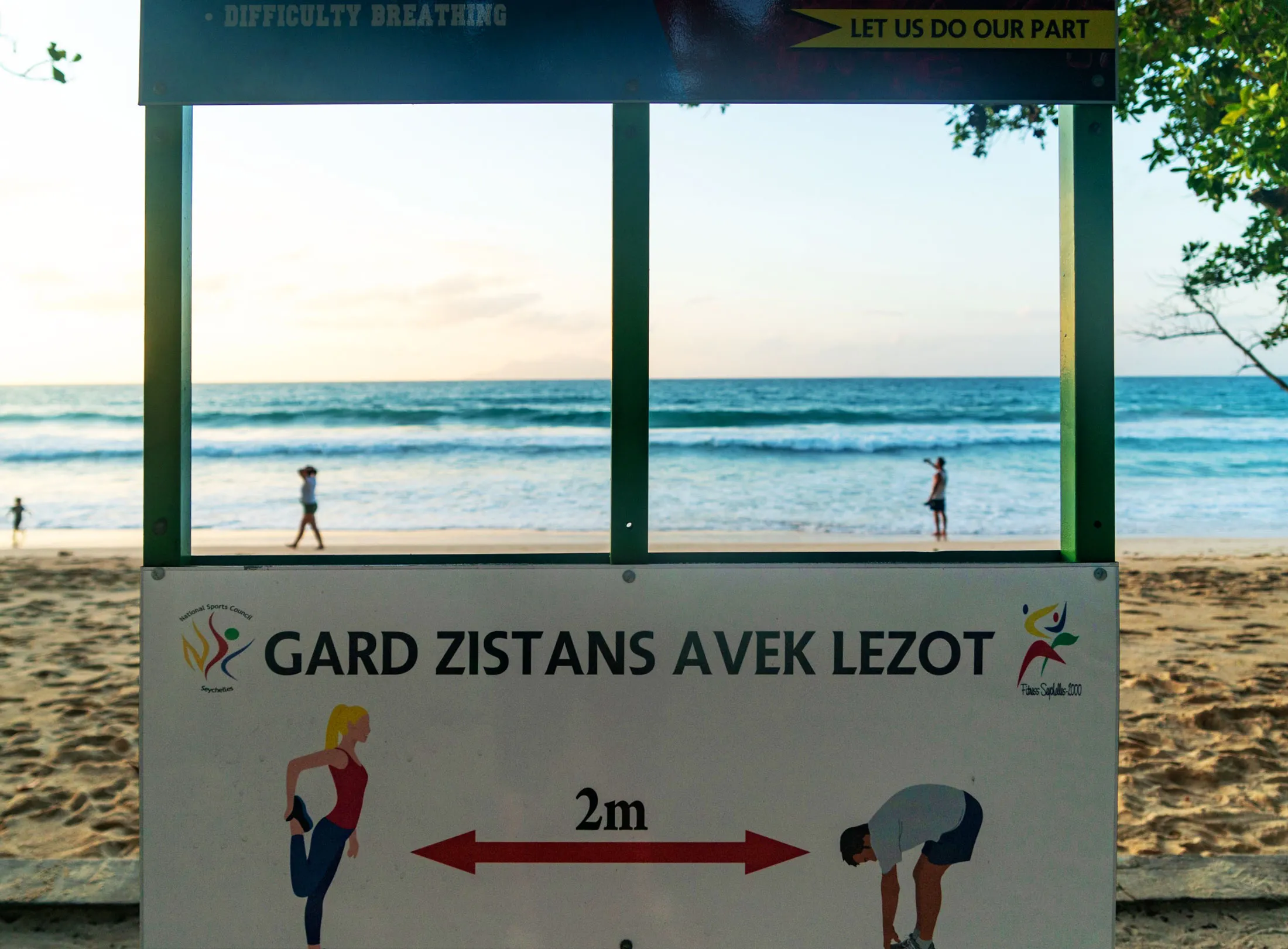 A sign for social distancing in Seychelles on Jan. 12.