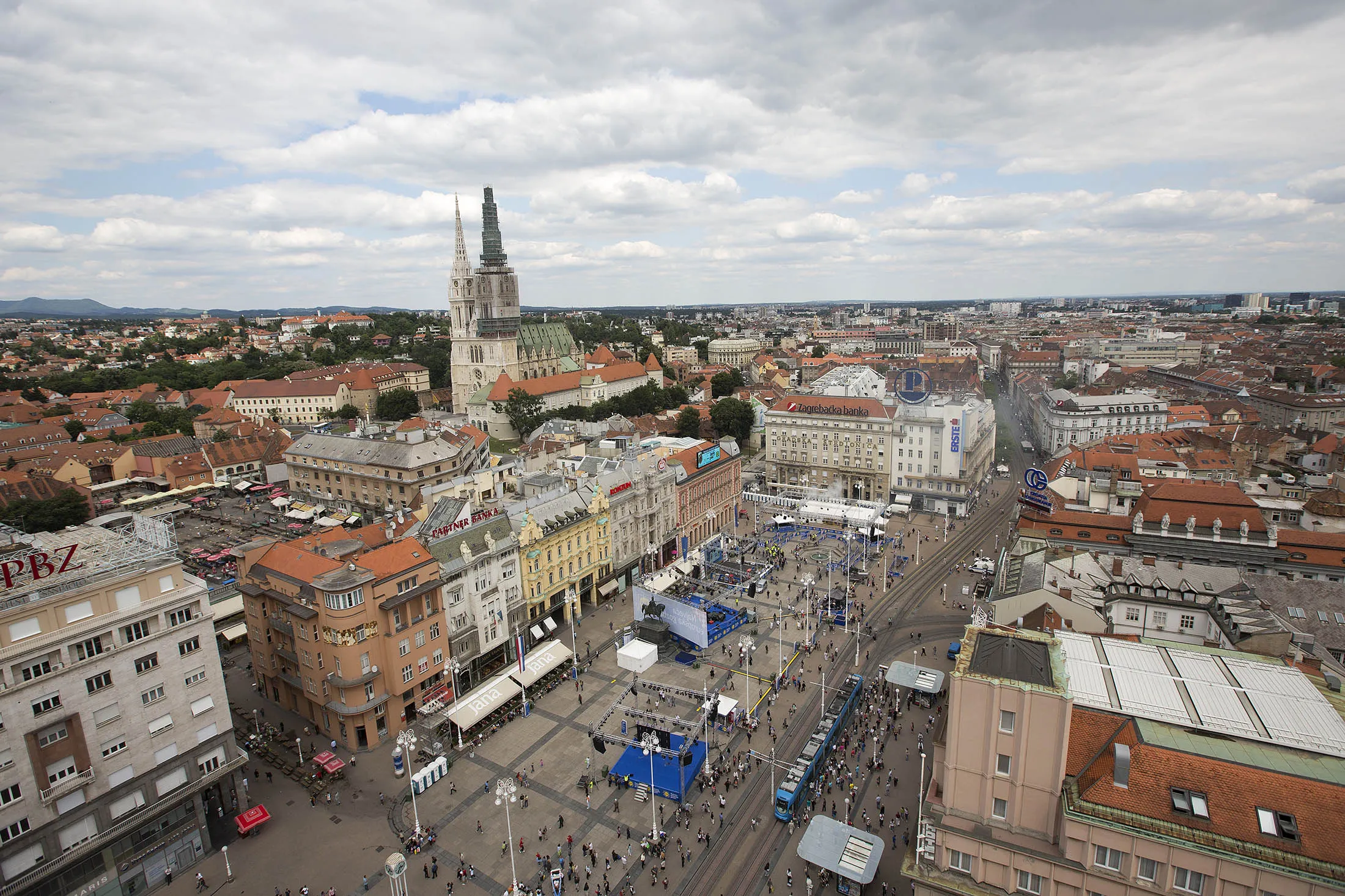 A view of Bana Jelacica Square and Zagreb Cathedral in Zagreb, Croatia.

