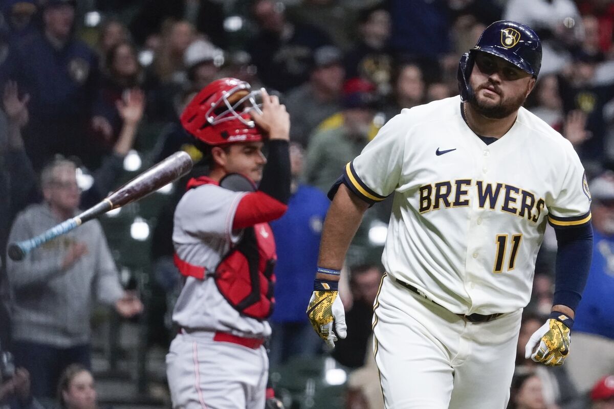 MILWAUKEE, WI - JUNE 17: Milwaukee Brewers first baseman Rowdy Tellez (11)  looks on while waiting to bat during an MLB game against the Pittsburgh  Pirates on June 17, 2023 at American