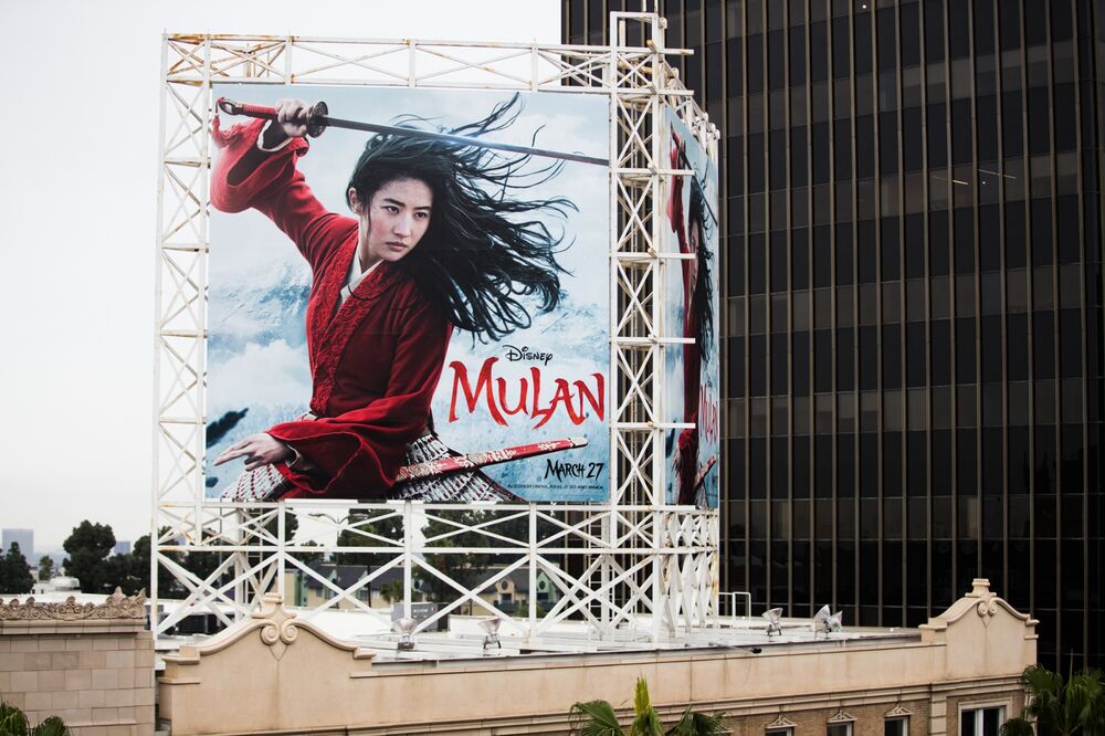 An outdoor ad for Disney's "Mulan" is seen in Hollywood on March 13.