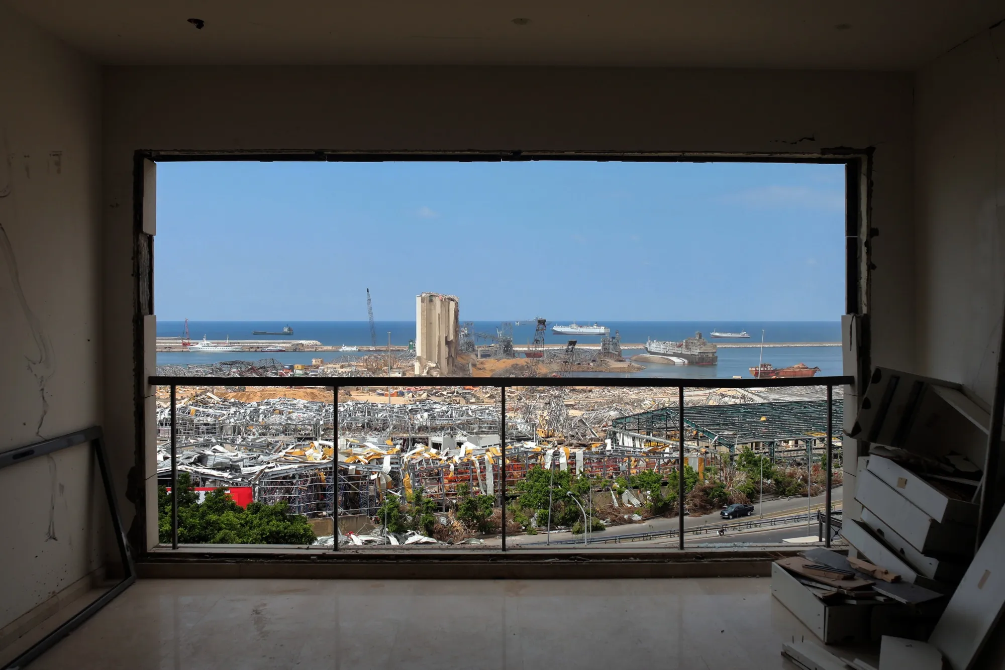 Beirut port viewed from the window of a damaged residential apartment in Beirut, Lebanon, on&nbsp;Aug. 27.&nbsp;
