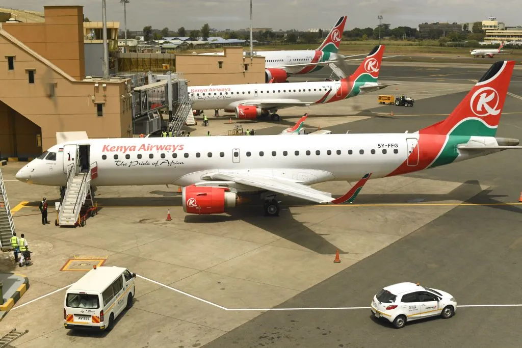 Kenya Airways planes parked at the parking bay at the Jomo Kenyatta international airport in Nairobi.