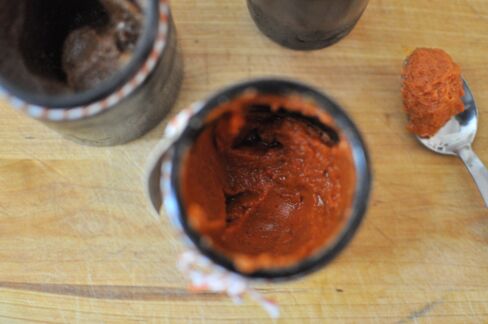 A spicy hozon made from chickpeas and chilis fermented with koji.