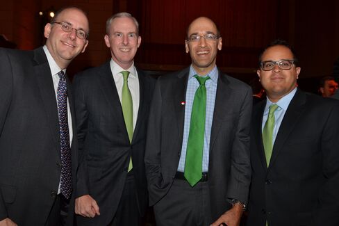 Alan Schrager of Oak Hill Advisors, Chris Sullivan of Barclays Capital, Vik Sawhney of Blackstone Group and Chris Striano of Blackstone Group. Photographer: Amanda Gordon/Bloomberg