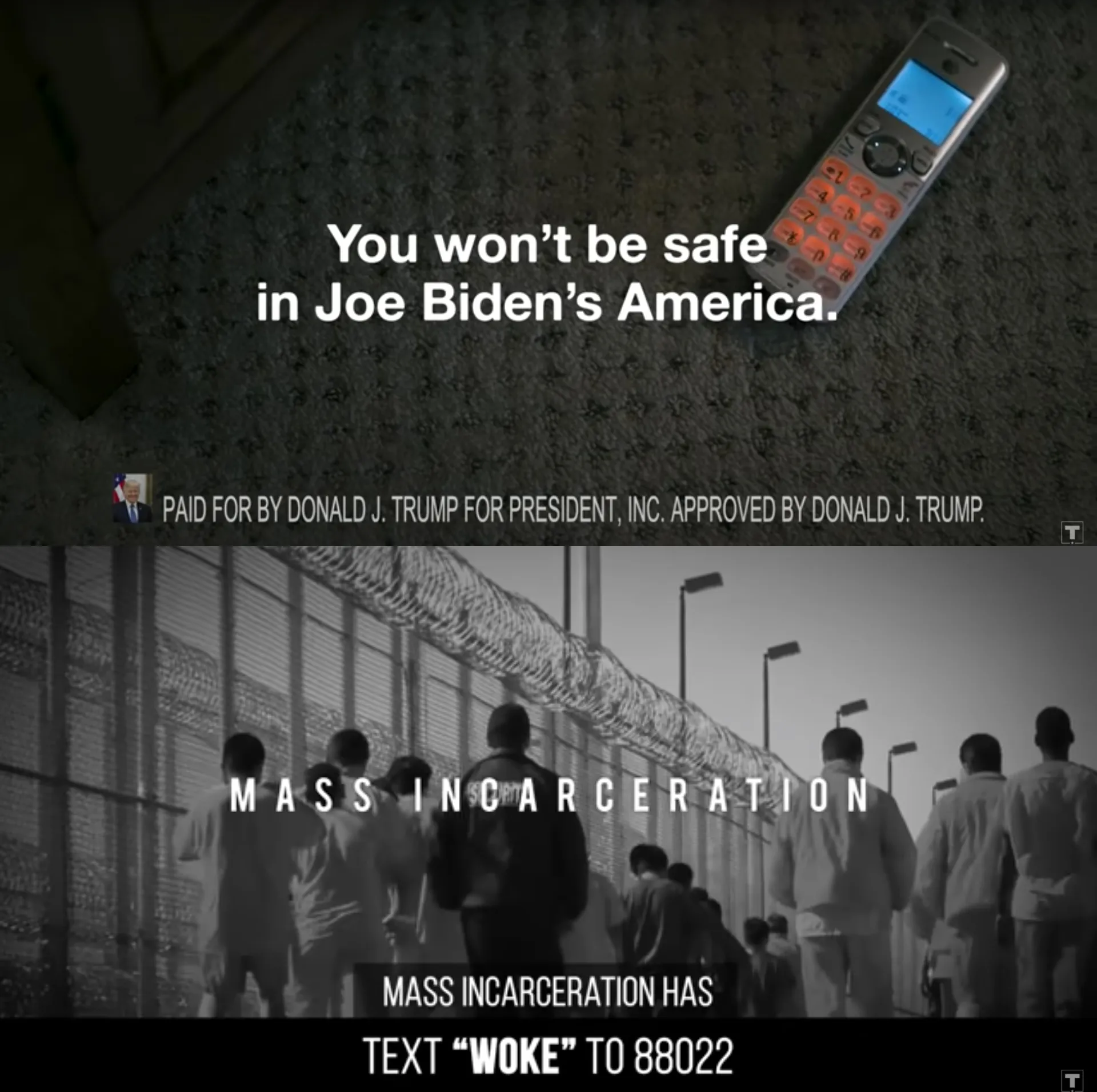 Trump campaign ads “Break In,” top, and “We Remember.” 