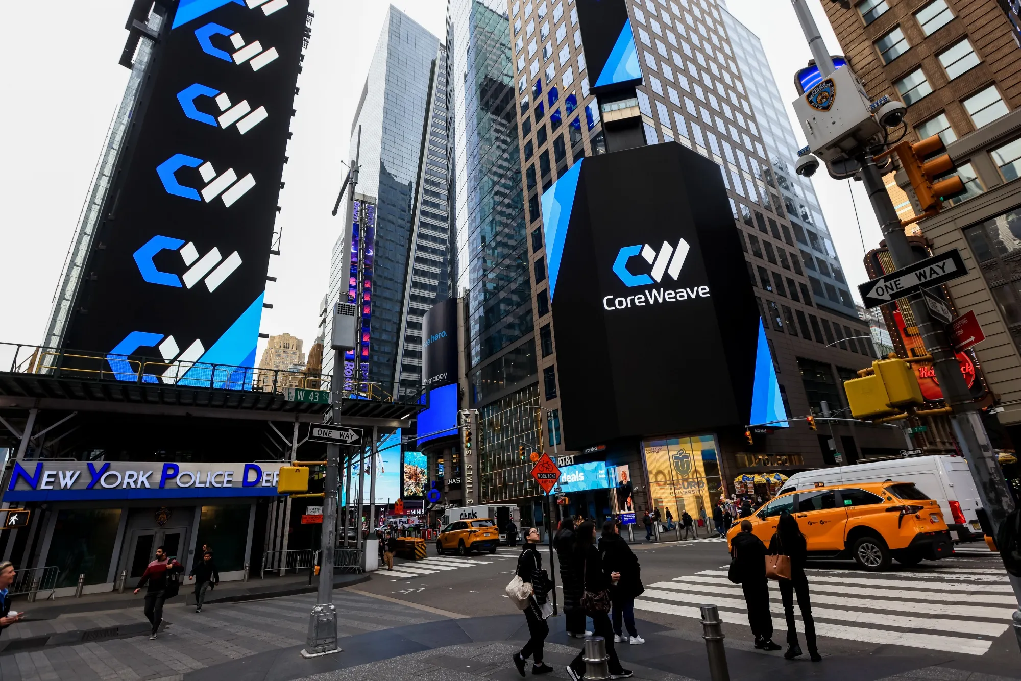 CoreWeave Inc. signage during the company's IPO&nbsp;at the Nasdaq MarketSite in New York on March 28.