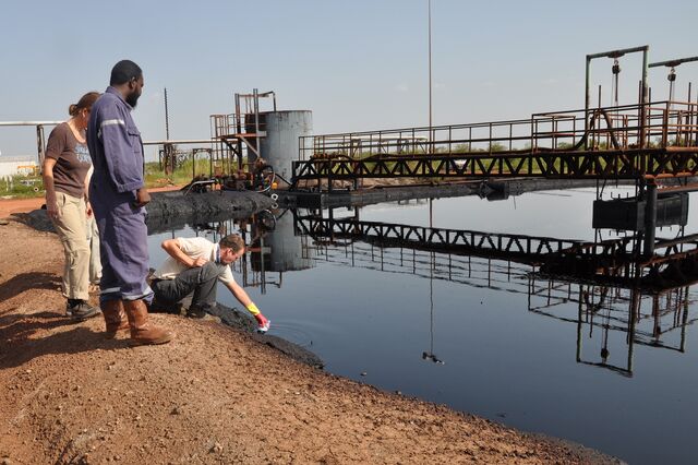 Stieglitz witnesses an oil tanker truck releasing oily "produced water" into one of the unsealed (unlined) retention ponds of the Unity oilfield’s Field Processing Facility in South Sudan.