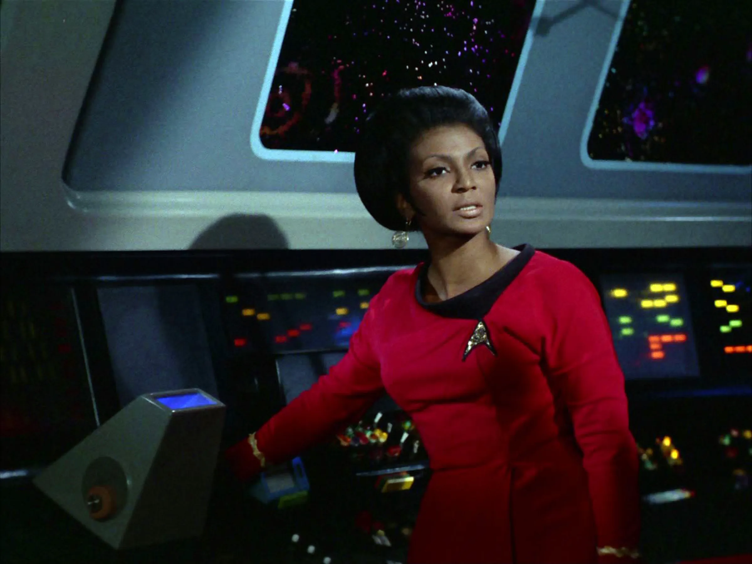 Nichelle Nichols as Lieutenant Uhura on the Star Trek: The Original Series episode, "Whom Gods Destroy." Originally aired January 3, 1969.&nbsp;