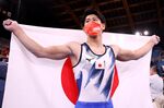 Daiki Hashimoto of Team Japan celebrates winning gold during the Men’s All-Around Final at Ariake Gymnastics Centre, on July 28.