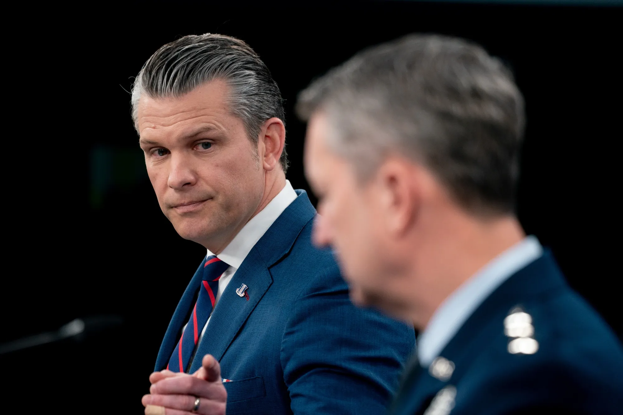 Secretary of Defense&nbsp;Pete Hegseth&nbsp;and Chairman of the Joint Chiefs of Staff John&nbsp;Cain during a news conference at the Pentagon in Arlington, Virginia.