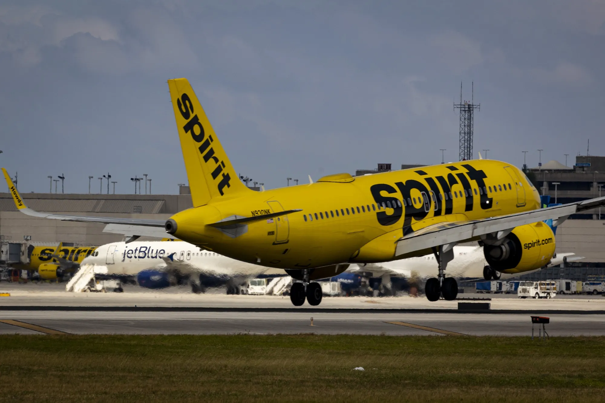 A Spirit Airlines passenger jet at Lauderdale-Hollywood International Airport.
