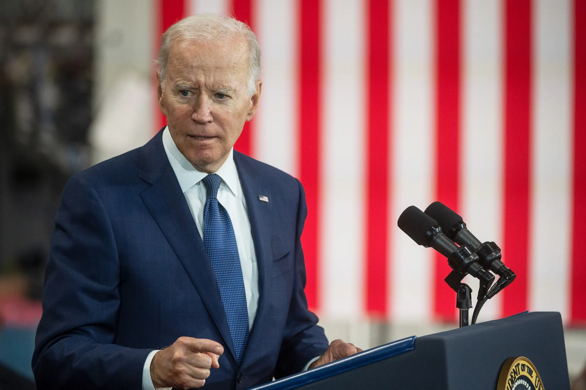 US President Joe Biden speaks at the Volvo Group powertrain manufacturing facility in Hagerstown, Maryland, US, on Friday, Oct. 7, 2022. The US labor market stayed strong in September as the unemployment rate unexpectedly returned to an historic low, leaving the Federal Reserve on course to deliver yet another aggressive interest-rate hike.