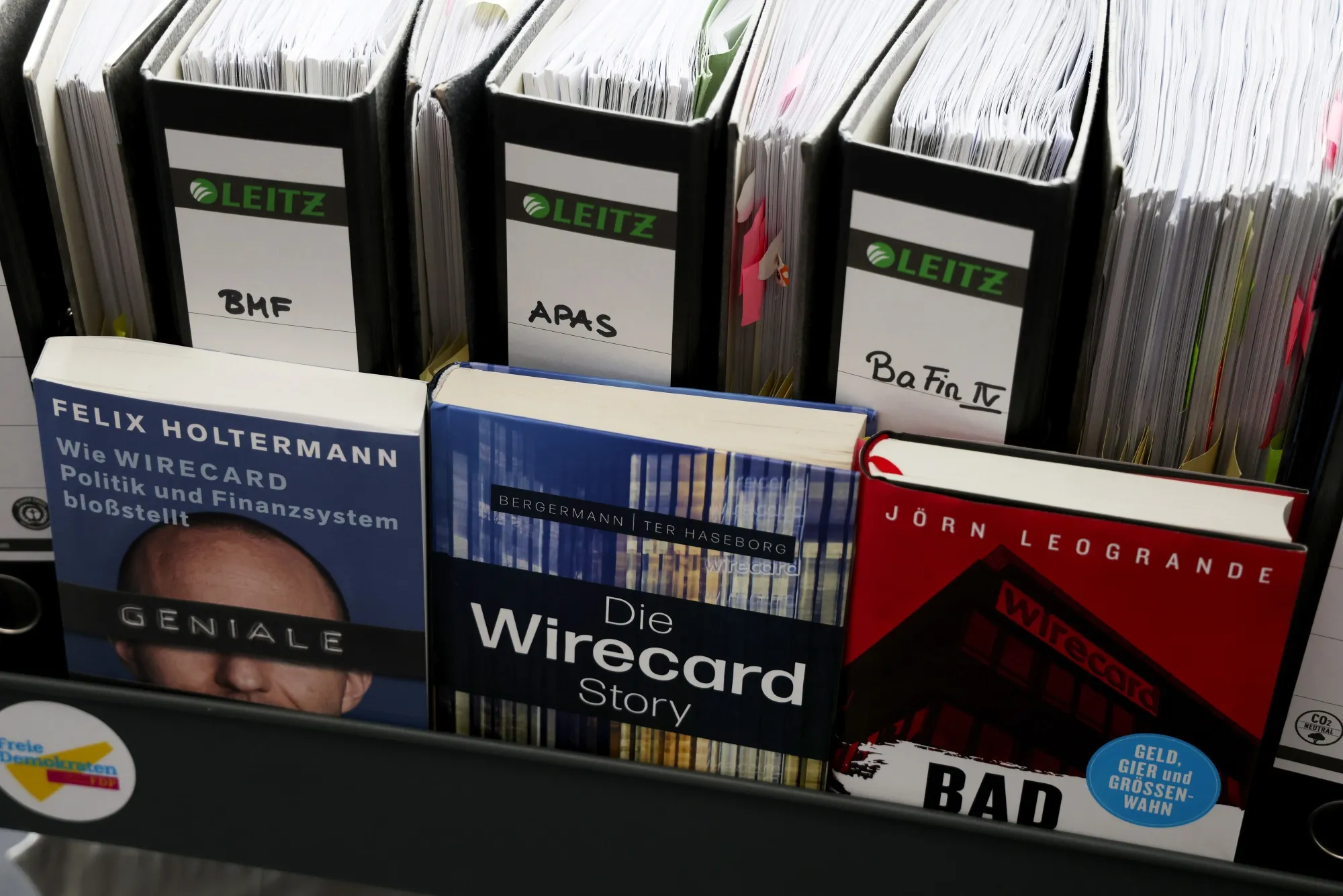 Legal documents and books at the inquiry into the collapse of Wirecard AG at the German Bundestag’s Paul-Loebe-Haus&nbsp;in 2021.