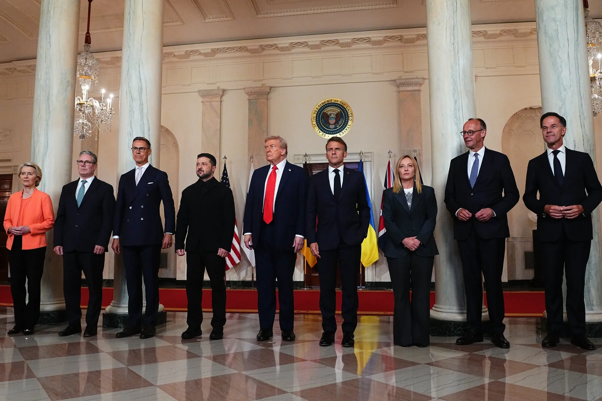 Donald Trump alongside European leaders at the White House on Aug. 18, 2025.