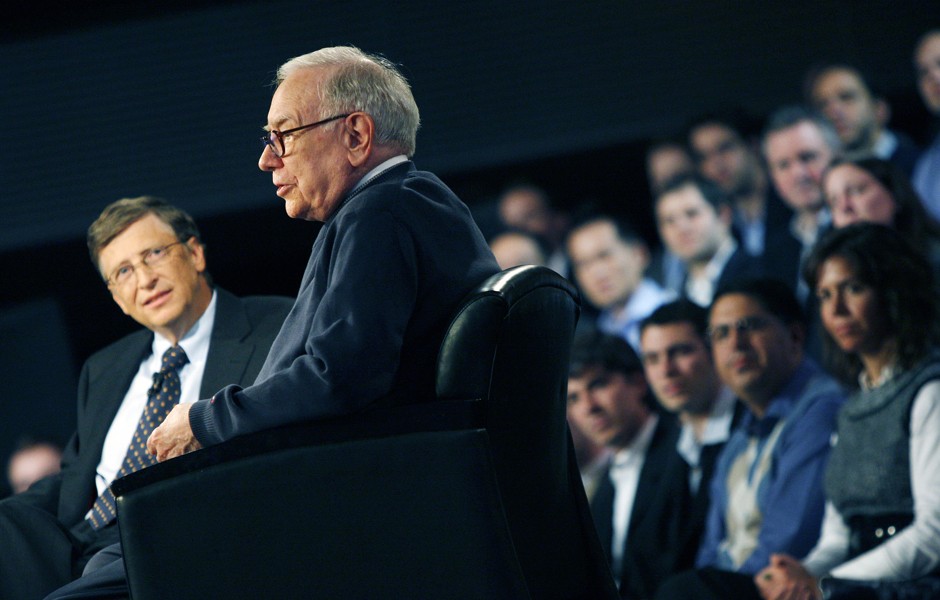 Billionaire investor Warren Buffett and Microsoft founder Bill Gates at Columbia University. 