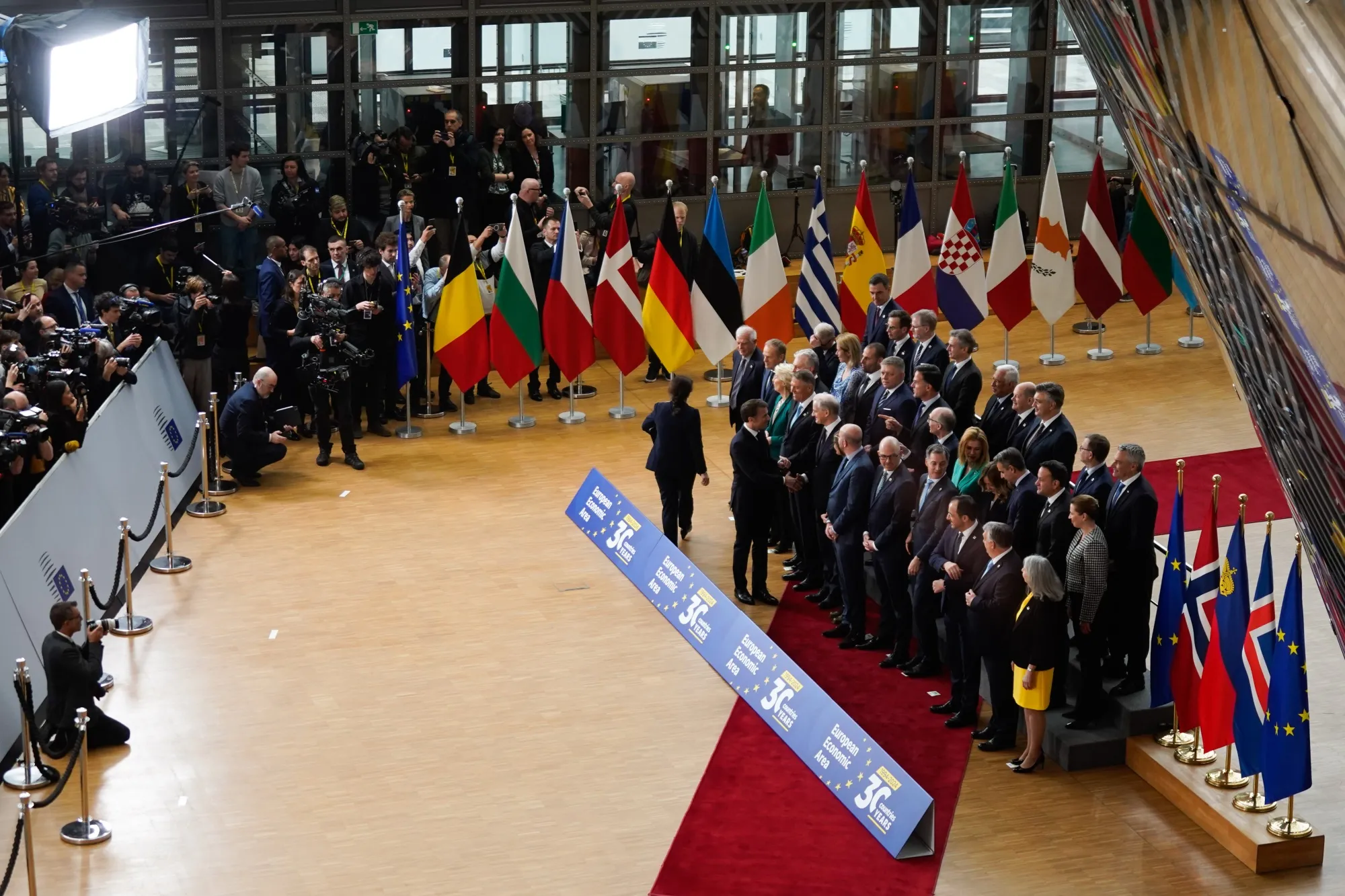 Leaders from European Union countries stand for a family photo in Brussels on&nbsp;March 22, 2024.